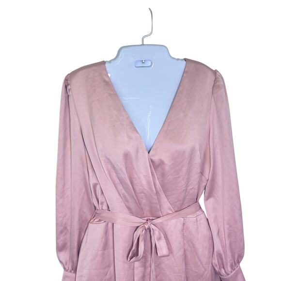 ADELYN RAE Tesora Faux Wrap Dusty Rose Pink Satin Long Sleeve Mini Dress Sz M - Picture 3 of 13